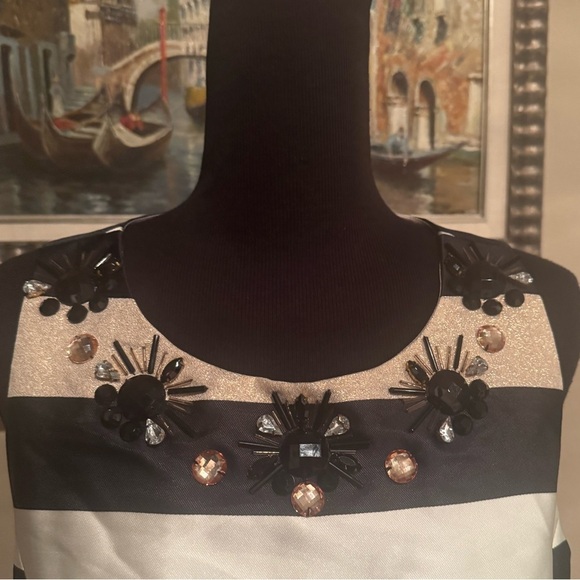 ELIZA J Black White Gold Striped A-Line Dress Sz 8P Medium Bloomingdales Jewels - Picture 11 of 13